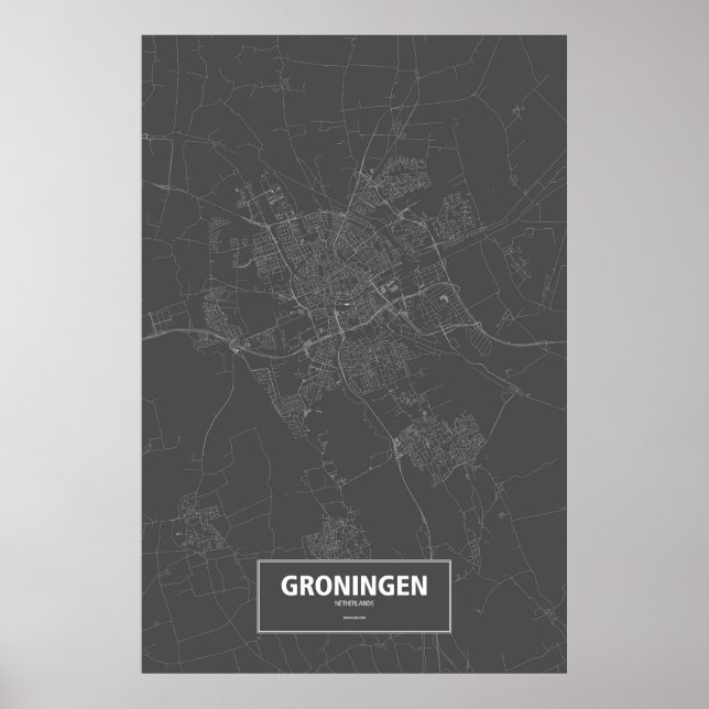 Póster Groningen, Países Bajos (blanco sobre negro) (Frente)