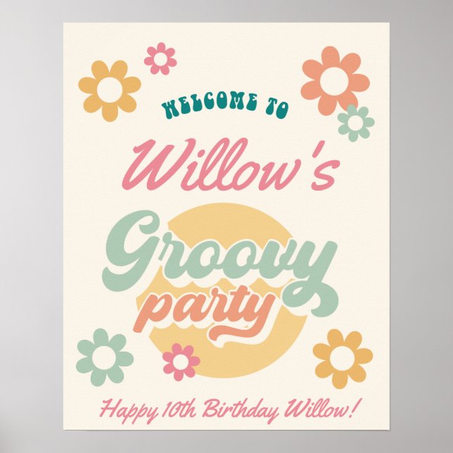 Póster Groovy 60's 70's Flowers Birthday Party Welcome (Frente)