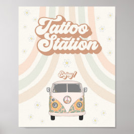 Póster groovy 70s retro tattoo station signo de favor