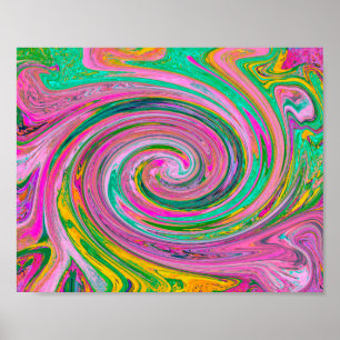 Póster Groovy Abstracto Retro Rosa y Verde Menta Remolino