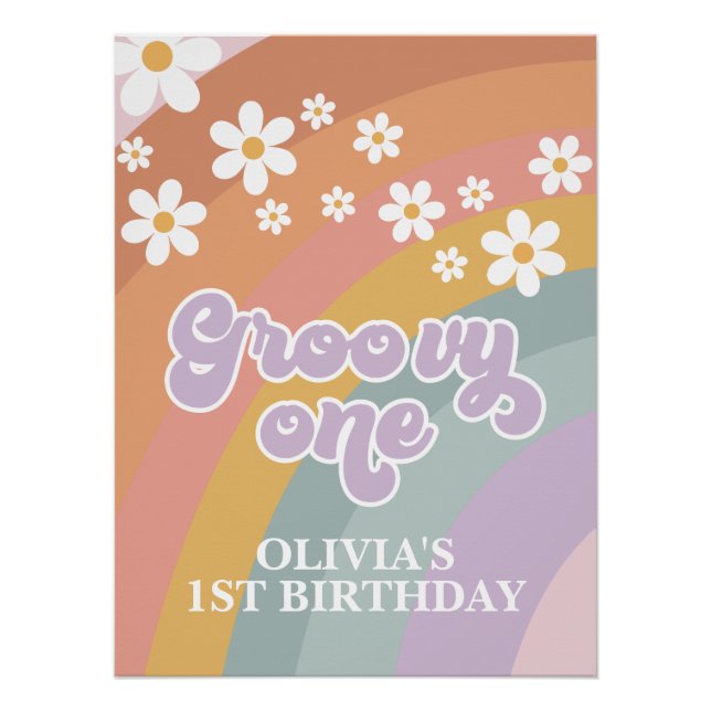 Póster Groovy arcoiris retro primer cumpleaños (Anverso)