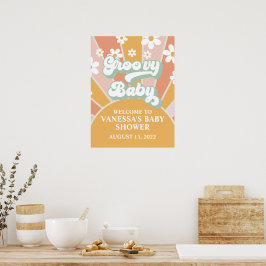 Póster Groovy Baby Retro Bienvenida a la Fiesta de Bebé