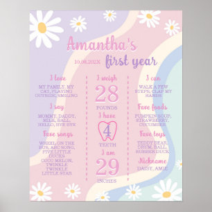 Póster Groovy Boho Daisy Primer Rótulo de cumpleaños