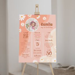 Póster Groovy Boho Daisy Primer Rótulo de cumpleaños