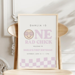 Póster Groovy Chica Checkered Happy Face | Signo de bienv