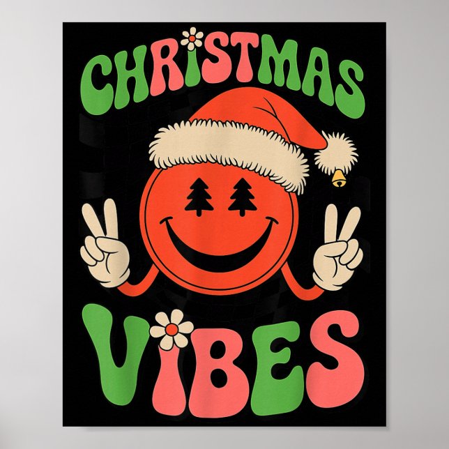 Póster Groovy Christmas Vibes Smile Face Santa Hat Xmas T (Frente)