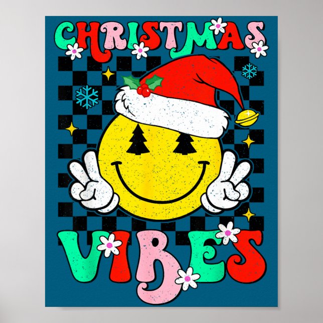 Póster Groovy Christmas Vibes Smile Face Santa Hat Xmas T (Frente)