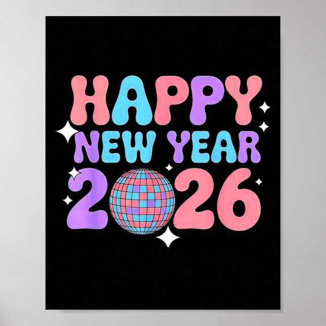 Póster Groovy Cute Happy New Year 2026 Disco Ball  (Frente)