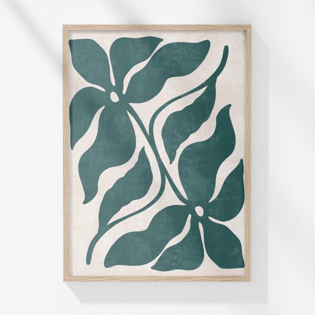 Póster Groovy Dusty Blue Abstracy Flower Wall Art (Boho Blue and White Abstract Floral Wall Artin a wooden frame on a sunny white wall.)