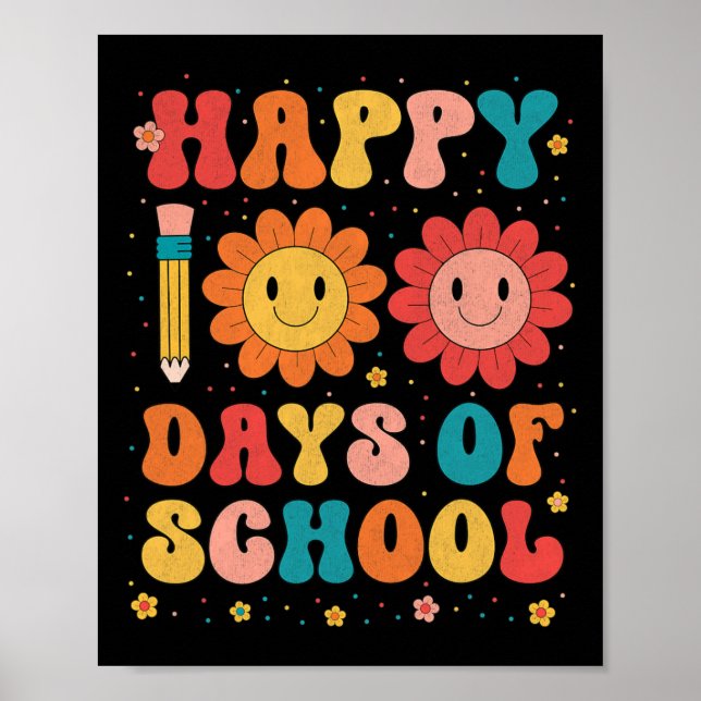 Póster Groovy Feliz 100 días de maestro escolar 100 días (Frente)
