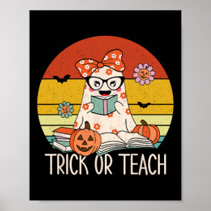 Póster Groovy Halloween Trick o Teach Retro Floral Ghost