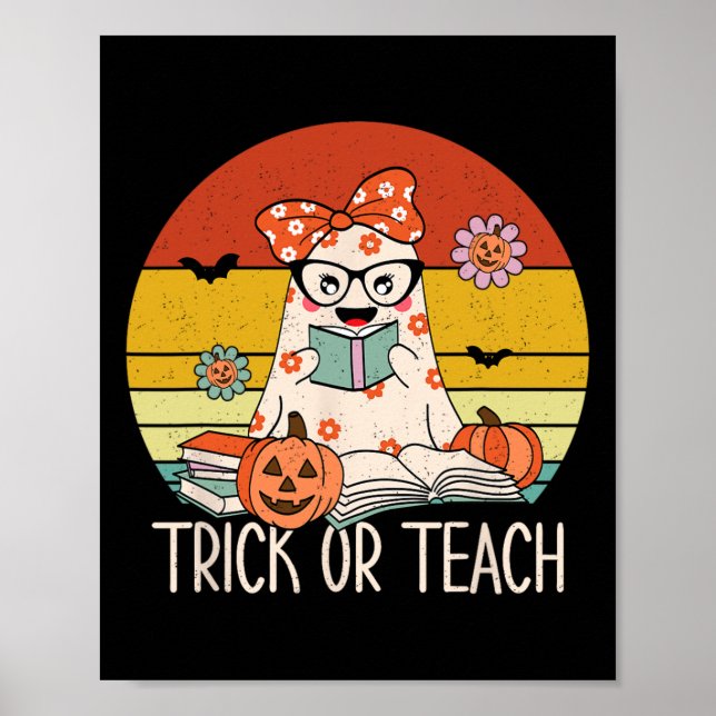 Póster Groovy Halloween Trick o Teach Retro Floral Ghost (Frente)