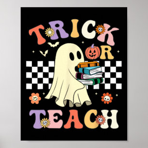 Póster Groovy Halloween Trick O Teach Retro Floral Ghost