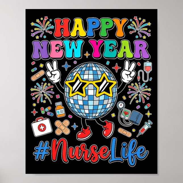 Póster Groovy Happy New Year 2026 Nurse Life Disco Ball F (Frente)