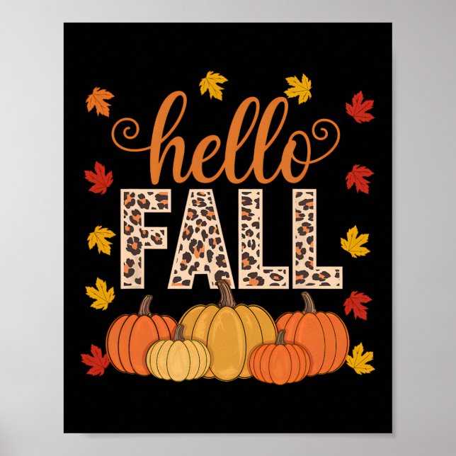 Póster Groovy Hello Fall Autumn Maple Leaves Pumpkin Leop (Frente)