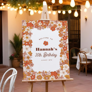 Póster Groovy Hippie Floral Terracotta Rótulo de cumpleañ