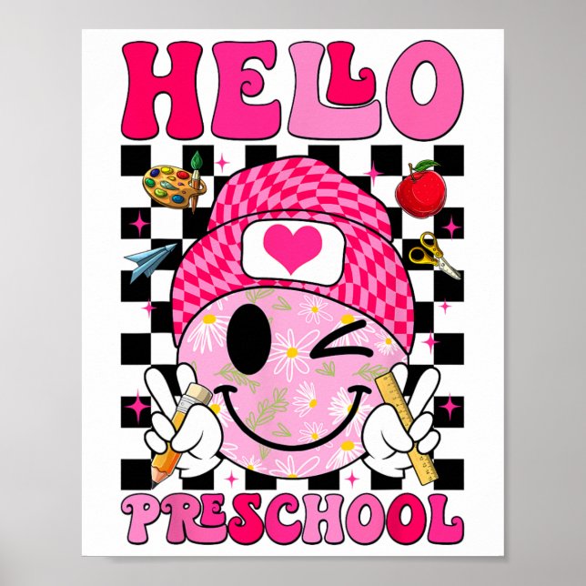 Póster Groovy Hola Preescolar Pre-k Estudiantes Primer Dí (Frente)