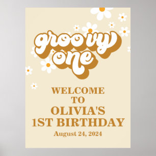 Póster Groovy One Retro Daisy Bienvenida al 1er Cumpleaño