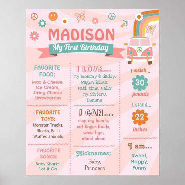 Póster Groovy One Retro Daisy Birthday Milestone Rótulo (Frente)