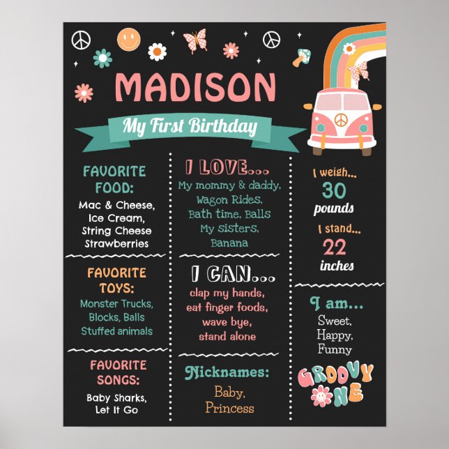 Póster Groovy One Retro Daisy Birthday Milestone Rótulo (Frente)