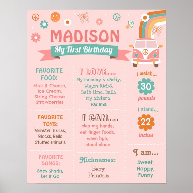 Póster Groovy One Retro Daisy Birthday Milestone Rótulo (Frente)