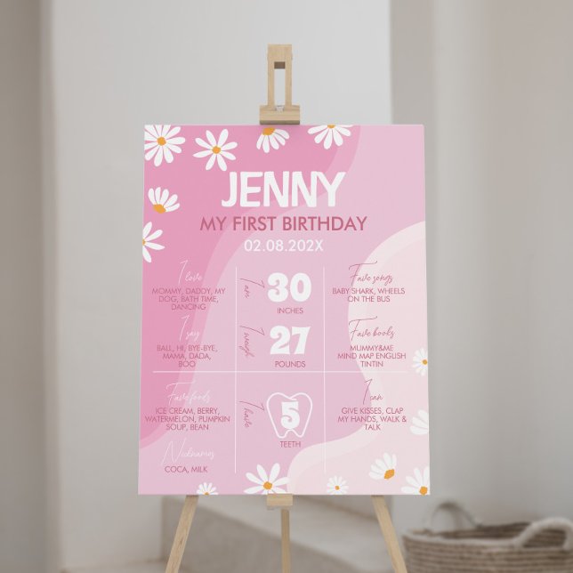 Póster Groovy Pink Daisy Primer Rótulo de cumpleaños (Subido por el creador)