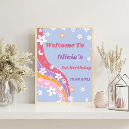 Póster Groovy Rainbow Birday Party, signo de bienvenida
