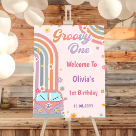 Póster Groovy Rainbow Birday Party, signo de bienvenida