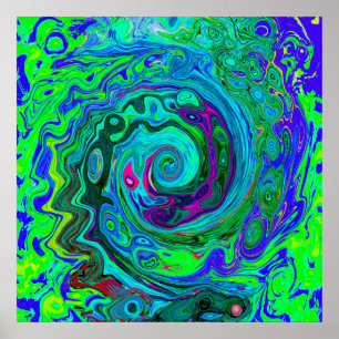 Póster Groovy Resumen Swirl Retro Verde y Azul