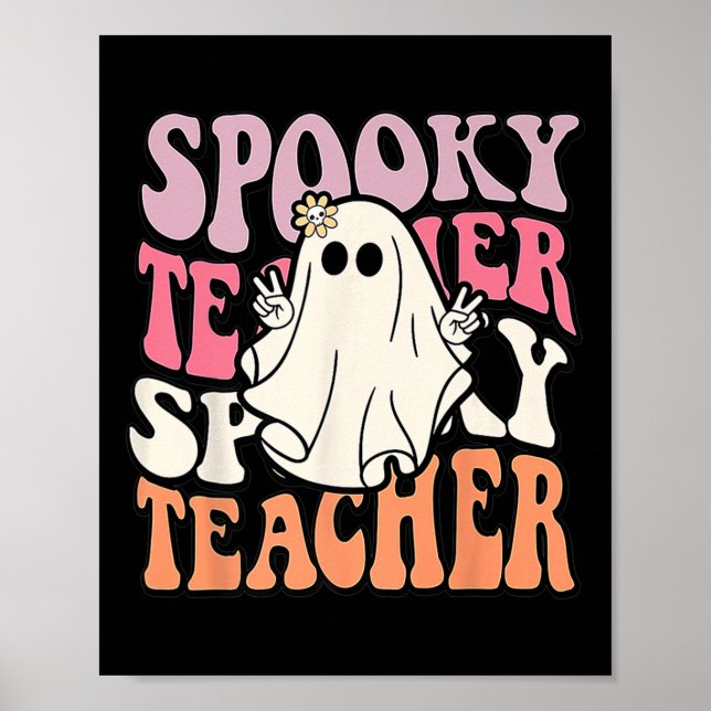 Póster Groovy Retro Halloween Tocante Trick O Té De Profe (Frente)
