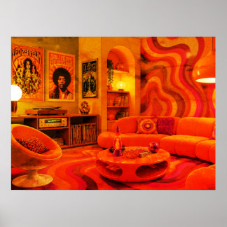 Póster Groovy Retro Living 1970 Estilo Colores Fríos Pare
