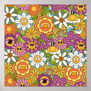 Póster Groovy Retro Psicodelle Flower Garden Pattern