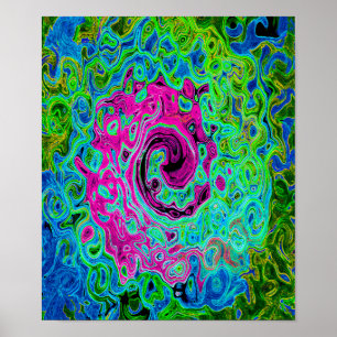 Póster Groovy rosa caliente y azul Resumen Swirte retro