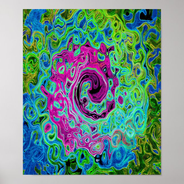 Póster Groovy rosa caliente y azul Resumen Swirte retro (Frente)