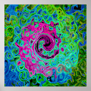 Póster Groovy rosa caliente y azul Resumen Swirte retro