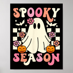 Póster Groovy Spooky Season Cute Ghost Pumpkin Halloween