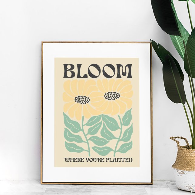 Póster Groovy Sunflowers "Bloom where you are Planted" (Groovy Sunflowers "Bloom where You're Planted" Poster in a golden frame.)