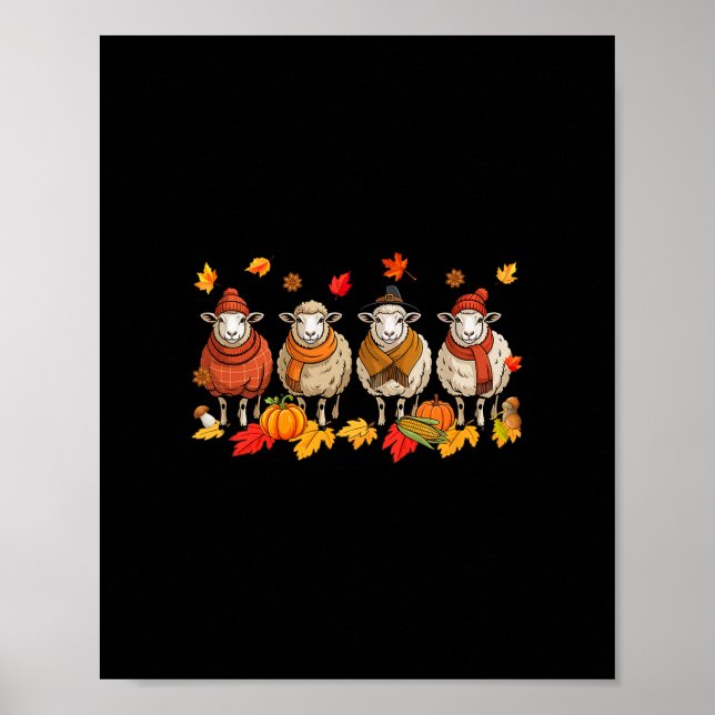 Póster Group Sheeps Thanksgiving Fall Leaves Pumpkins Far (Frente)