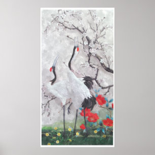 Póster Grúa china con acuarela de color rosa