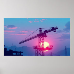 Póster Grúa de construcción al amanecer