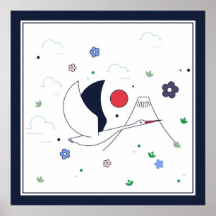 Póster Grúa de vuelo abstracta blanca, roja y azul oscuro