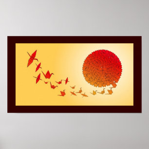 Póster Grúas de papel formándose en el sol naciente.