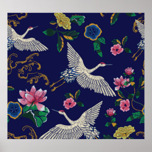 Póster Grúas y flores bordadas, sin costura vintage p