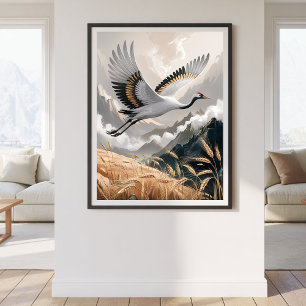 Póster Grulla elegante volando sobre paisaje de trigo dor