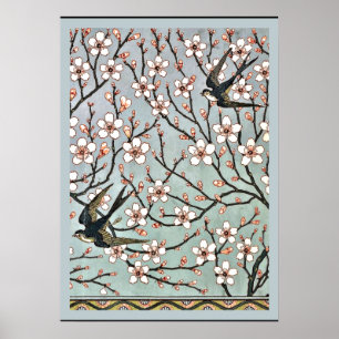 Póster Grulla - Flores de almendro y golondrinas