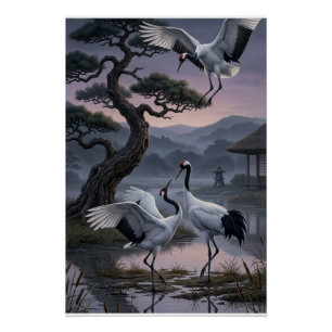 Póster Grullas bajo pinos estética oriental felpa