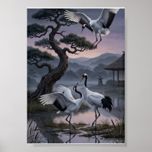 Póster Grullas bajo pinos estética oriental felpa