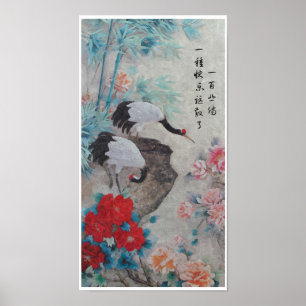 Póster Grullas chinas y bambú con cotización