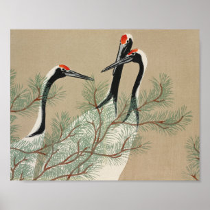 Póster Grullas de papel de madera japonesa - Kamisaka Sek