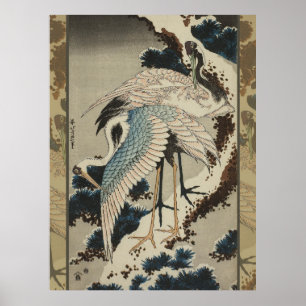 Póster Grullas en un pino cubierto de nieve Hokusai